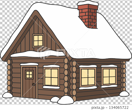 Cozy Winter Log Cabin with Snow-Covered Roof 134065722