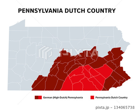 Pennsylvania Dutch Country, political map. The Pennsylvania Dutchland highlighted in red, and the larger region German or High-Dutch Pennsylvania, highlighted in maroon. Isolated illustration. Vector 134065738