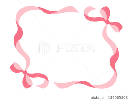 Coquette vintage vignettes ribbon frame with bows. Pink and red holiday design elements isolated on white background. Love themed template 134065808