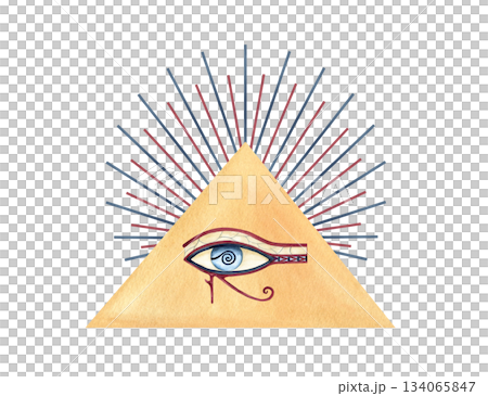 Egyptian abstract pyramid, eye of Horus and graphic sun rays. Ancient god, religion icon, symbol. Watercolor isolated illustration. African sacred culture concept clip art. Flows of spiritual energy Egyptian abstract pyramid, eye of Horus and graphic sun rays. Ancient god, religion icon, symbol. Watercolor isolated illustration. African sacred culture concept clip art. Flows of spiritual energy 134065847