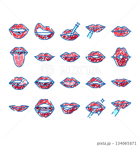 Lips expression, beauty, makeup and cosmetic procedures doodle icons 134065871