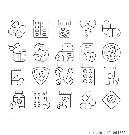 Medicine pills treatment health pharmacy icons set 134065882