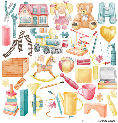 Set of children's toys. Children's games. Watercolor cartoon illustration isolated on white background. Soft toys, train, doll, educational toys, wooden toys. Set of children's toys. Children's games. Watercolor cartoon illustration isolated on white background. Soft toys, train, doll, educational toys, wooden toys. 134065886