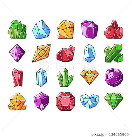 Colorful crystal and gem outline vector icons 134065909