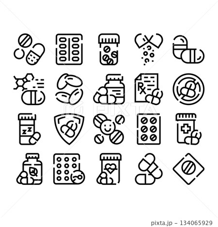 Medicine pills and drugs line icons collection Medicine pills and drugs line icons collection 134065929