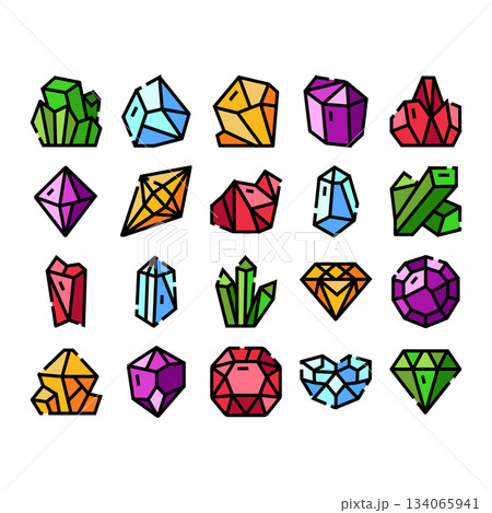 Colorful geometric crystals gemstones minerals outline icons 134065941