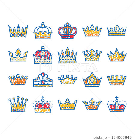 Crown collection doodle drawing icons representing royalty and power Crown collection doodle drawing icons representing royalty and power 134065949
