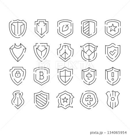 Shields protection security defense line icons set Shields protection security defense line icons set 134065954