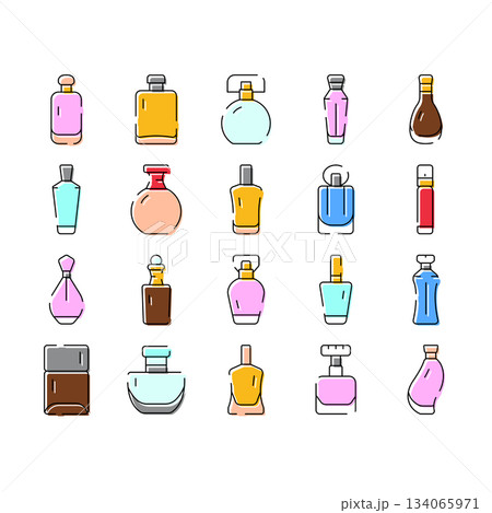 Perfume bottles collection with various fragrances icons 134065971