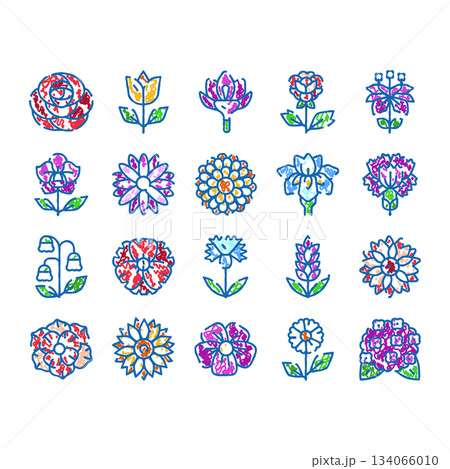 Colorful doodle flowers representing nature and botanical elements 134066010