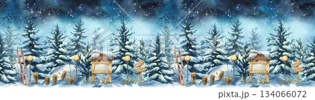 Watercolor illustration of a snowy winter forest with pine trees, skis, lantern, and blank signs. Nature recreation Christmas design. Seamless border long pattern hand drawn illustration 134066072