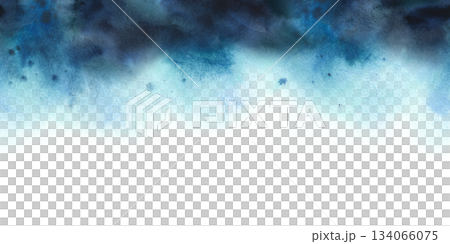 Abstract night sky blue watercolor washes background. Gradient paint stain texture. Artistic winter forest or frosty nature concept for greeting card. Hand drawn seamless border pattern illustration 134066075