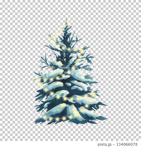 Snowy spruce tree with glowing string lights. Watercolor hand drawn winter nature illustration for Christmas greeting card, holiday poster, New Year party invitation. Snowy spruce tree with glowing string lights. Watercolor hand drawn winter nature illustration for Christmas greeting card, holiday poster, New Year party invitation. 134066078