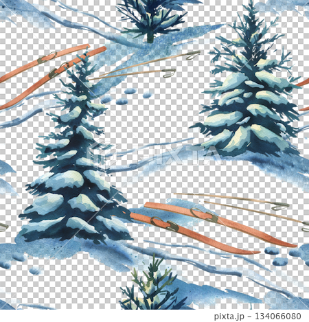 Watercolor seamless pattern with skis and poles in a snowy winter forest with ski tracks in the snow. Winter sport and recreation background for Christmas or holiday design. Hand drawn illustration Watercolor seamless pattern with skis and poles in a snowy winter forest with ski tracks in the snow. Winter sport and recreation background for Christmas or holiday design. Hand drawn illustration 134066080