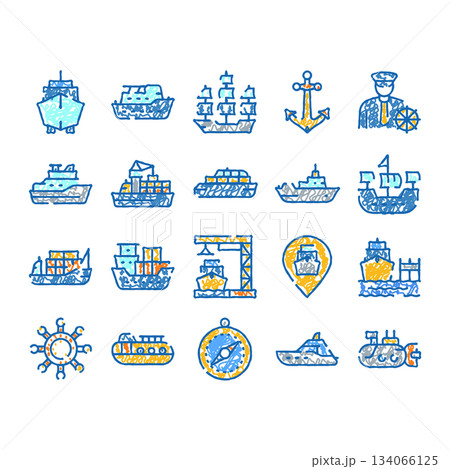 Maritime transport ships and boats doodle icons set 134066125