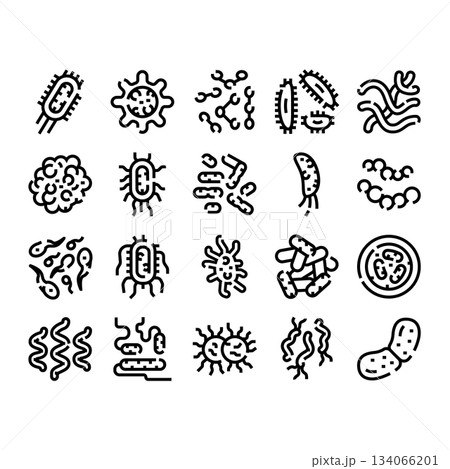 Microorganisms bacteria virus germ line art icons set Microorganisms bacteria virus germ line art icons set 134066201