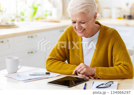 Joyful grey-haired senior woman using digital tablet in kitchen, taking notes, counting month spendings, copy space. Smiling old lady grandmother enjoying nice mobile application Joyful grey-haired senior woman using digital tablet in kitchen, taking notes, counting month spendings, copy space. Smiling old lady grandmother enjoying nice mobile application 134066297