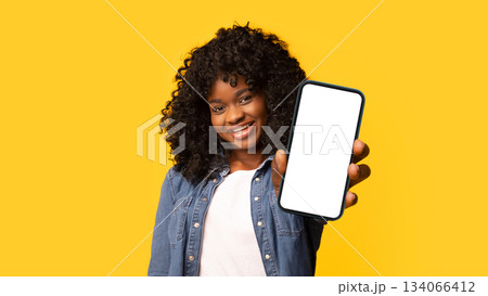 Joyful young black woman showing thumb up at camera on yellow studio background, copy space. Cute stylish african american lady gesturing, recommending something, showing like Joyful young black woman showing thumb up at camera on yellow studio background, copy space. Cute stylish african american lady gesturing, recommending something, showing like 134066412