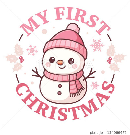My First Christmas snowman for girl, round frame with snowflakes 134066473