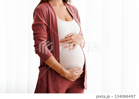 Portrait Of Joyful Pregnant Woman Embracing Her Belly While Standing Near Window At Home, Happy Expectant Mother Enjoying Healthy Pregnancy And Prenanal Time, Touching Tummy And Smiling, Copy Space Portrait Of Joyful Pregnant Woman Embracing Her Belly While Standing Near Window At Home, Happy Expectant Mother Enjoying Healthy Pregnancy And Prenanal Time, Touching Tummy And Smiling, Copy Space 134066497