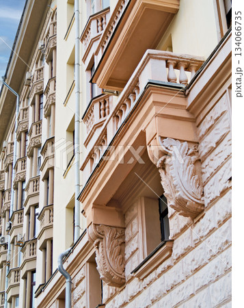 Facade of a historic building with bay windows and balconies Facade of a historic building with bay windows and balconies 134066735