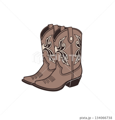 Classic brown cowboy boots with decorative stitching in a western style. 134066738