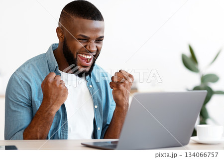 Joyful Black Guy With Laptop Celebrating Business Success At Workplace In Modern Office, African Entrepreneur Looking At Computer Screen, Raising Fists And Exclaiming With Excitement, Free Space 134066757