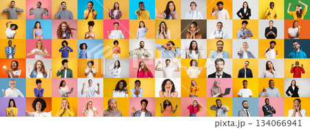 A vibrant collage featuring diverse faces from different backgrounds, expressing joy and connection in a multiethnic setting. This collection highlights the beauty of diversity in society. 134066941