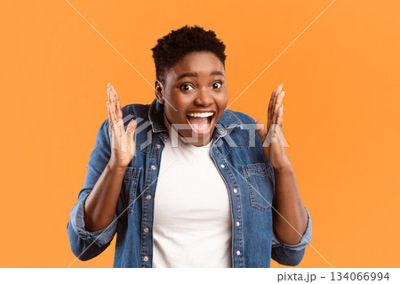 Omg. Excited Overweight African American Woman Shouting In Excitement And Looking At Camera Holding Hands Near Face Posing Over Yellow Studio Background. Joyful Surprise, Positive Emotion Concept Omg. Excited Overweight African American Woman Shouting In Excitement And Looking At Camera Holding Hands Near Face Posing Over Yellow Studio Background. Joyful Surprise, Positive Emotion Concept 134066994