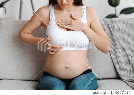 Breast lumps in pregnant women. Young expectant mother suffering painful feelings in chest area, worried millennial lady in white top bra massaging herself while sitting on couch at home, free space 134067114