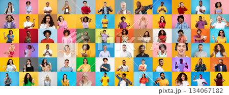 A collage showcases a diverse group of people smiling and posing against colorful backgrounds. Their expressions reflect a lively, inclusive atmosphere representing various lifestyles. 134067182