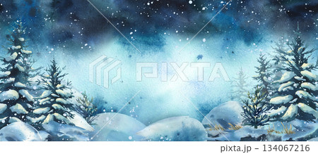 Watercolor winter landscape with snowy fir tree forest and falling snow. Christmas season background for holiday greeting card and banner design. Hand drawn illustration text frame template Watercolor winter landscape with snowy fir tree forest and falling snow. Christmas season background for holiday greeting card and banner design. Hand drawn illustration text frame template 134067216