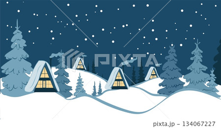 In a winter scene, houses with sloped roofs are surrounded by snow-covered trees under a starry night sky, capturing a festive atmosphere during holiday travels 134067227