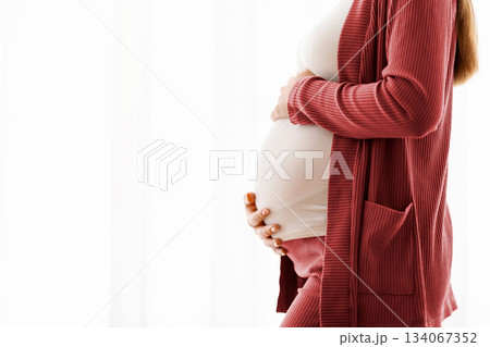 Pregnancy Concept. Happy young pregnant woman embracing belly while standing near window at home, smiling expectant mother enjoying awaiting time, side view shot with copy space, cropped 134067352