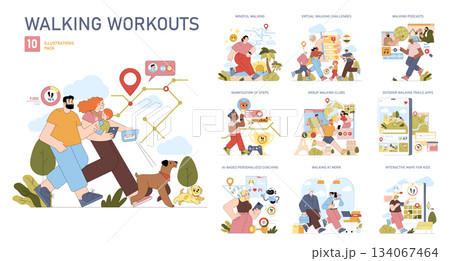 Walking workouts vector illustration pack featuring diverse activities like mindful walking, gamified steps, group walking clubs, and interactive maps for kids, enhancing fitness engagement. 134067464