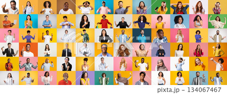 A vibrant collage features a diverse group of people from different backgrounds, each striking a joyful pose against colorful backgrounds. The image highlights the beauty of diversity and inclusion. 134067467
