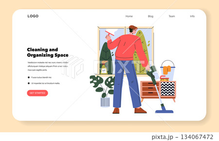 Vector illustration of a person cleaning a room with a vacuum and cleaning supplies. The image shows a tidy space with plants and a window, emphasizing cleanliness and organization. Vector illustration of a person cleaning a room with a vacuum and cleaning supplies. The image shows a tidy space with plants and a window, emphasizing cleanliness and organization. 134067472
