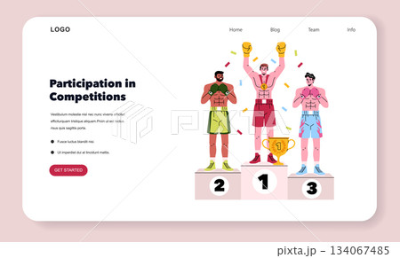 Vector illustration depicting three boxers on a winner's podium. The middle boxer celebrates victory with arms raised, while the others stand on second and third places with varied expressions. 134067485
