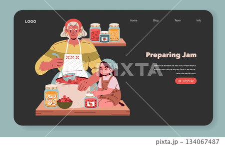 A charming vector illustration of an elderly woman and child preparing homemade jam. They work together surrounded by jars of fruit preserves, depicting a heartwarming moment of togetherness. A charming vector illustration of an elderly woman and child preparing homemade jam. They work together surrounded by jars of fruit preserves, depicting a heartwarming moment of togetherness. 134067487