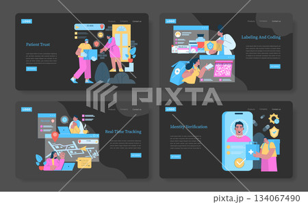 Vector illustration highlighting healthcare processes: patient trust, real-time tracking, labeling and coding, and identity verification. Characters perform various medical tasks efficiently. 134067490