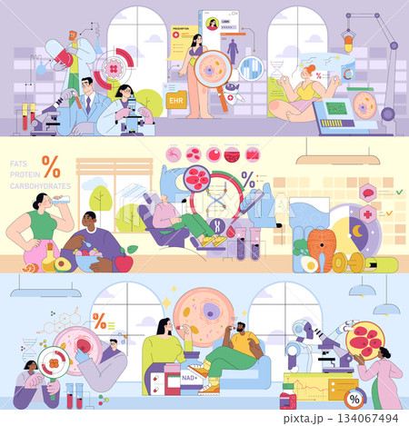 Vector illustration depicting scientists analyzing nutritional data and health research. Scenes of laboratory work, nutritional balance, and technology highlight health insights and lifestyle. Vector illustration depicting scientists analyzing nutritional data and health research. Scenes of laboratory work, nutritional balance, and technology highlight health insights and lifestyle. 134067494