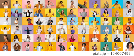 A colorful collection showcases diverse individuals smiling and expressing joy against bright backgrounds. This vibrant portrait captures a celebration of diverse lifestyles and unity. 134067495