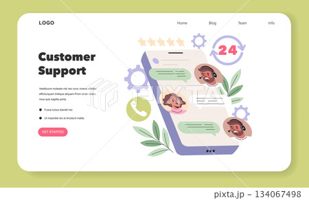 Customer support concept featuring a mobile chat interface. Vector illustration highlights 24/7 interaction with diverse expressions in speech bubbles, enhancing service communication. 134067498