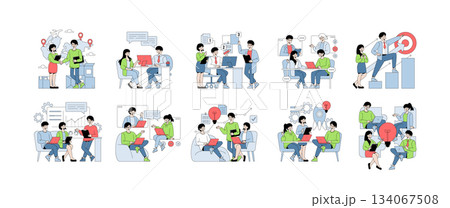 Vector illustration showcases diverse business scenarios, including teamwork, brainstorming, and goal achievement. Characters engage in collaborative activities, fostering innovation and success. 134067508