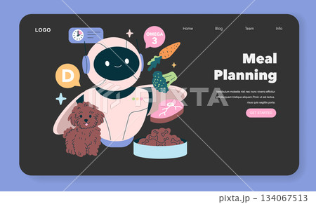 AI Vet Consultant focuses on pet meal planning and nutritional guidance. This illustration features a friendly robot with a dog, showcasing healthy food choices for pets. Vector illustration. 134067513
