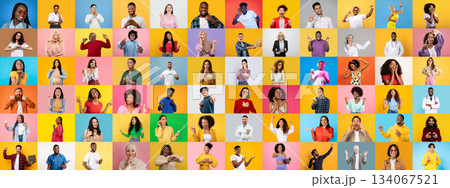 This collage features a vibrant collection of portraits of people from various backgrounds, celebrating diversity in lifestyle and expression against bright, colorful backgrounds. 134067521