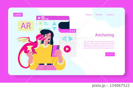 Vector illustration of a person using an augmented reality app with a playful dragon character. A colorful digital interface and an enthusiastic expression highlight engaging technology use. 134067522