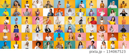 This vibrant collage showcases a diverse group of individuals expressing various emotions and gestures. The multiethnic collection highlights unity and individuality with colorful backgrounds. This vibrant collage showcases a diverse group of individuals expressing various emotions and gestures. The multiethnic collection highlights unity and individuality with colorful backgrounds. 134067523