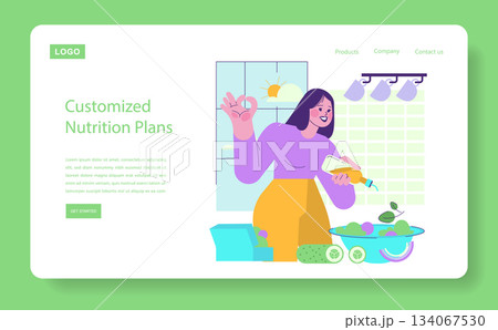 Vector illustration of a woman happily preparing a customized nutrition plan in a cheerful kitchen setting. She holds oil and displays a healthy meal planning concept. Bright and engaging layout. 134067530