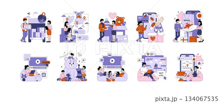 Vector illustration depicting various e-commerce and online activities. Scenes include delivery, global logistics, shopping, transactions, streaming, gaming, and social interaction, highlighting 134067535
